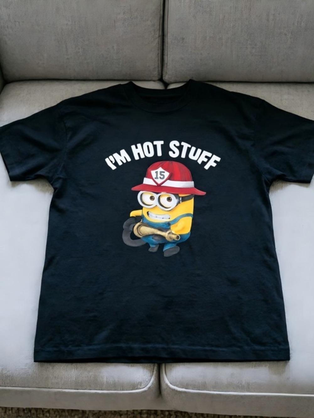 Black Short-Sleeve Tee with Firefighter Minion Graphic